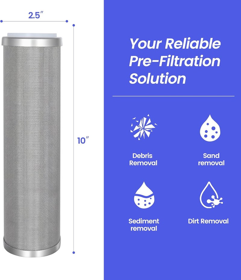 Amwater  cartridge فلتر شبكة سلكية قابلة للتنظيف من الفولاذ المقاوم للصدأ بطول 10 بوصات، وقطر 2.5 بوصة (150 ميكرون) - Image 1